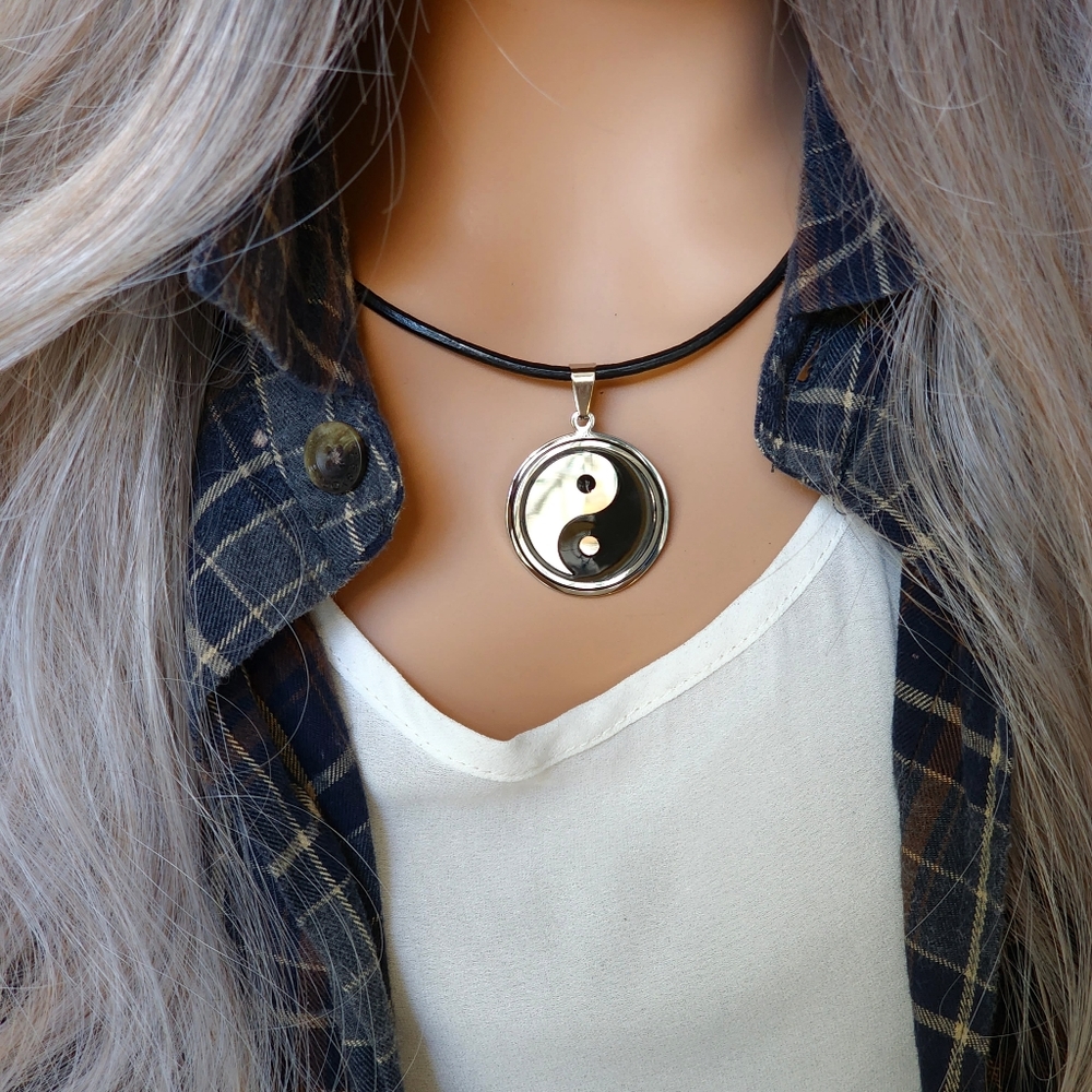 Yin Yang Silver Necklace Pendant Genuine Leather Surgical Hypoallergenic